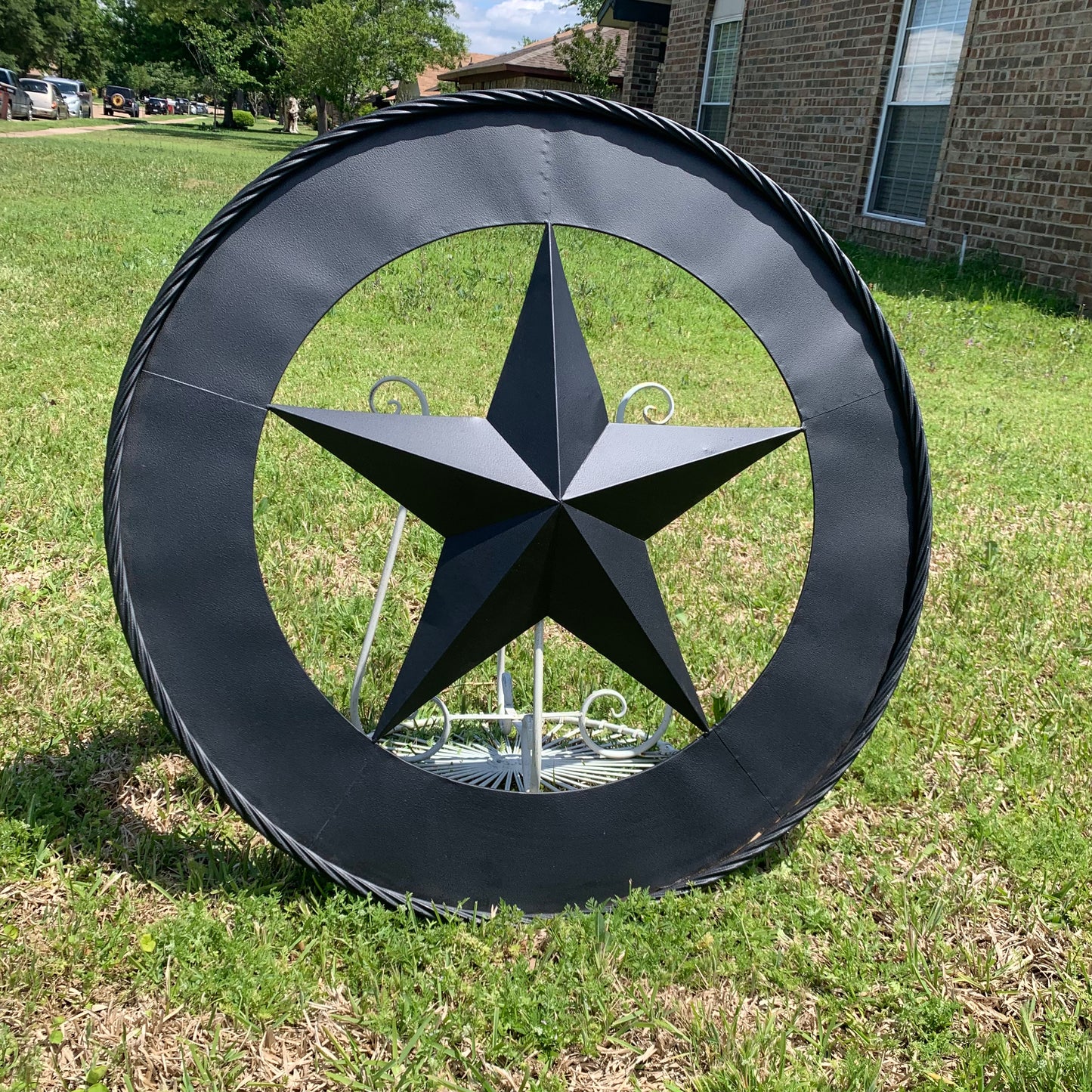 36" RUSTIC BLACK LONE STAR WIDE BAND RING TWISTED ROPE RING 3d METAL STAR WALL ART WESTERN HOME DECOR HANDMADE NEW #EH11879