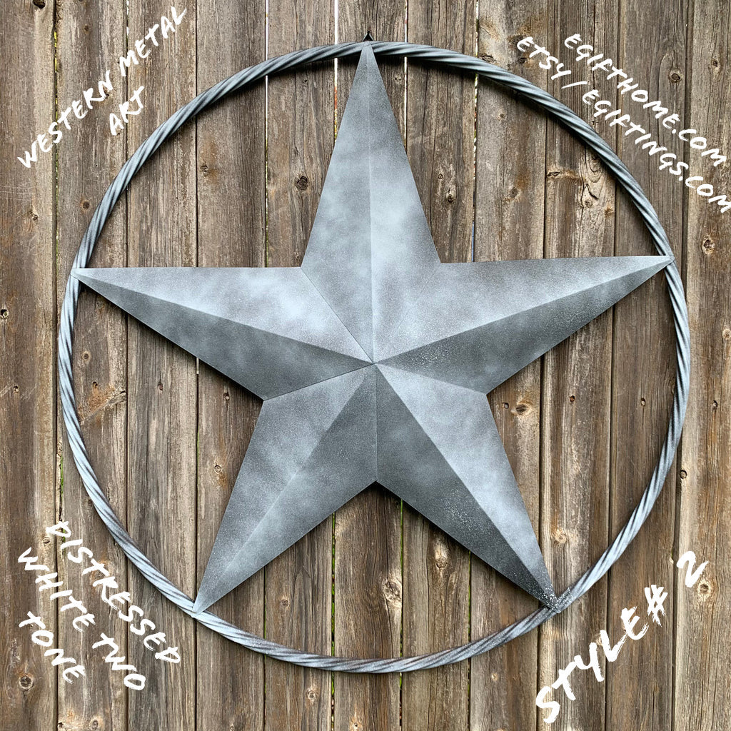 #EH10484 DARK WHITE DISTRESSED TWO TONE BARN STAR METAL LONESTAR TWISTED ROPE RING WESTERN HOME DECOR HANDMADE NEW