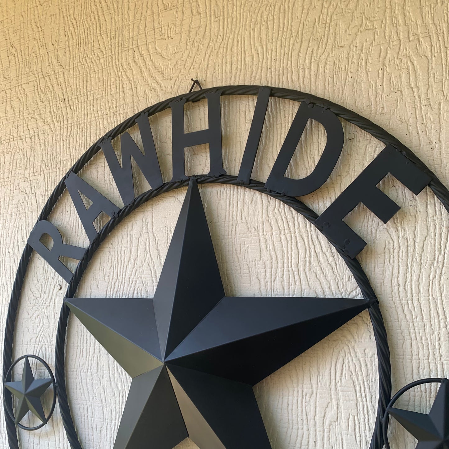 RAWHIDE STYLE CUSTOM STAR RUSTIC BLACK NAME BARN METAL STAR 3d TWISTED ROPE RING WESTERN HOME DECOR HANDMADE