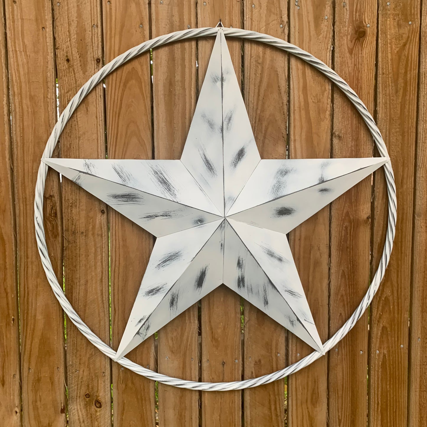 WHITE DISTRESSED STAR STYLE# 1 RUSTIC BARN LONE STAR ROPE RING METAL WALL ART