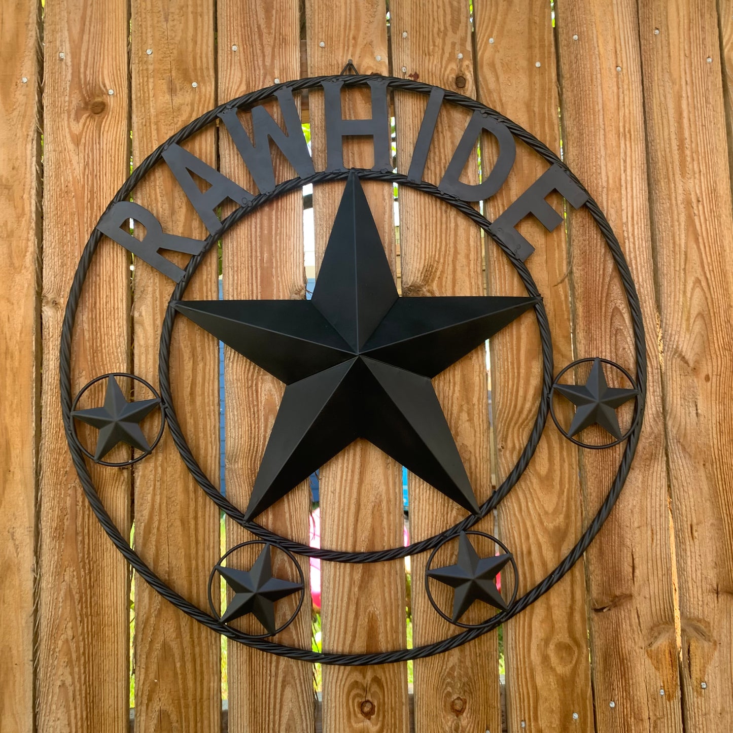 RAWHIDE STYLE CUSTOM STAR RUSTIC BLACK NAME BARN METAL STAR 3d TWISTED ROPE RING WESTERN HOME DECOR HANDMADE