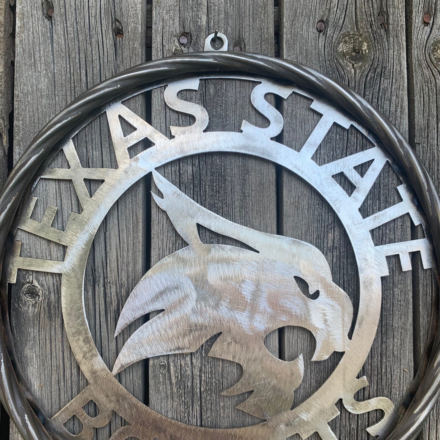 12" TEXAS STATE BOBCATS CUSTOM RAW METAL VINTAGE CRAFT SIGN TEAM ART HANDMADE IN TEXAS