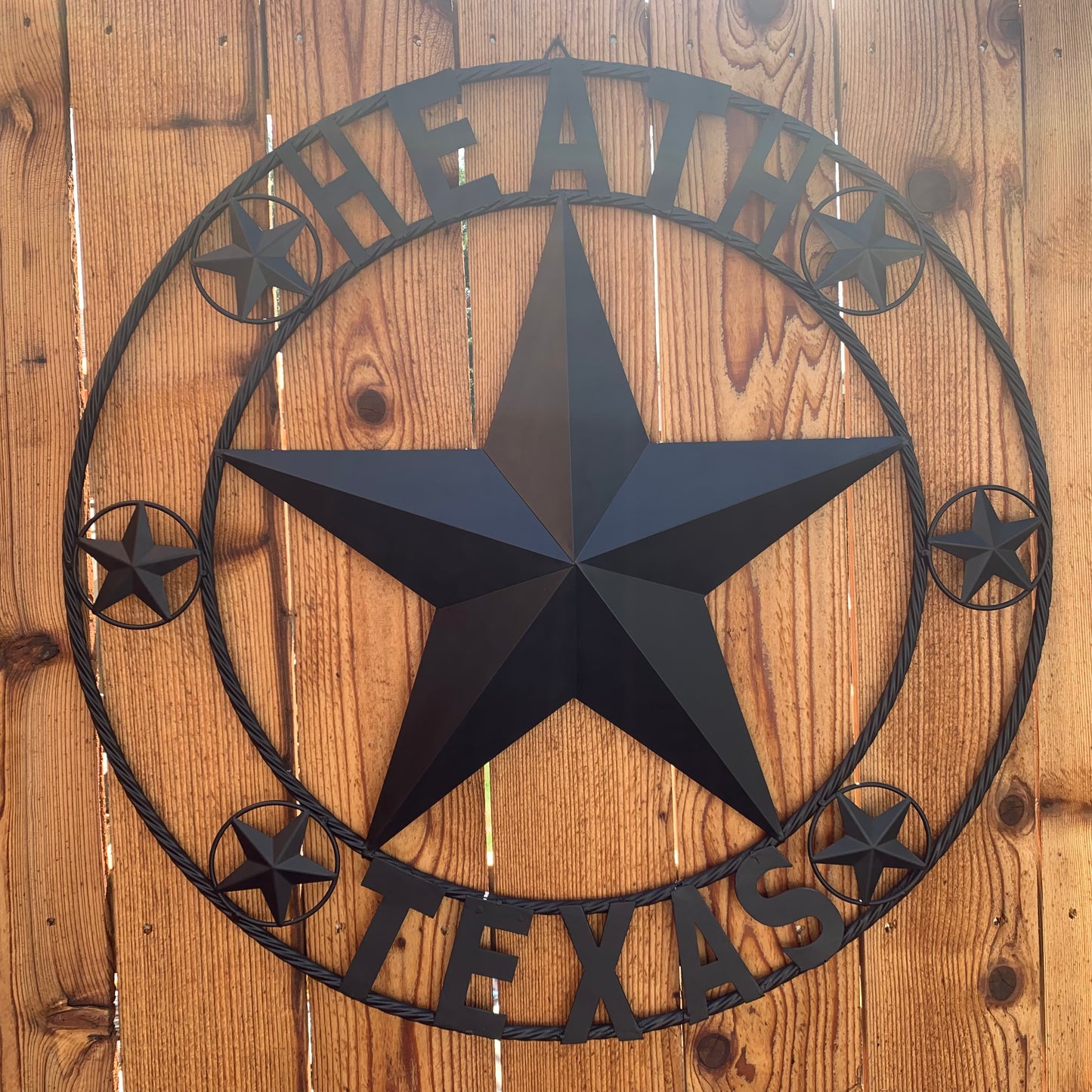 HEATH TEXAS STYLE CUSTOM STAR NAME BARN METAL STAR 3d TWISTED ROPE RING WESTERN HOME DECOR HANDMADE RUSTIC BLACK 24",32",34",36",40",42",44",46",50"