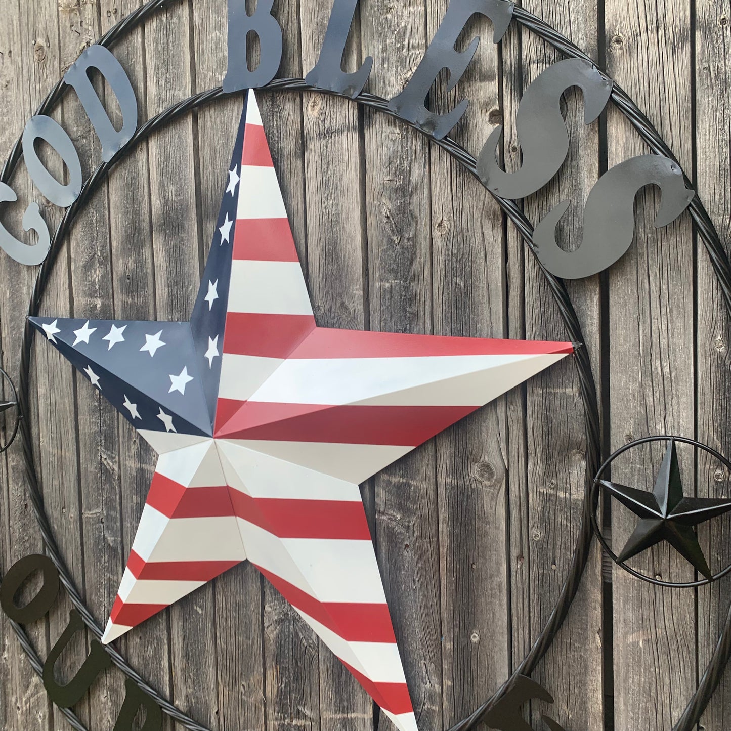 GOD BLESS OUR HOME USA FLAG STAR METAL BARN STAR TWISTED ROPE RING WALL ART WESTERN HOME DECOR RUSTIC RED WHITE & BLUE WITH BLACK RING HANDMADE NEW