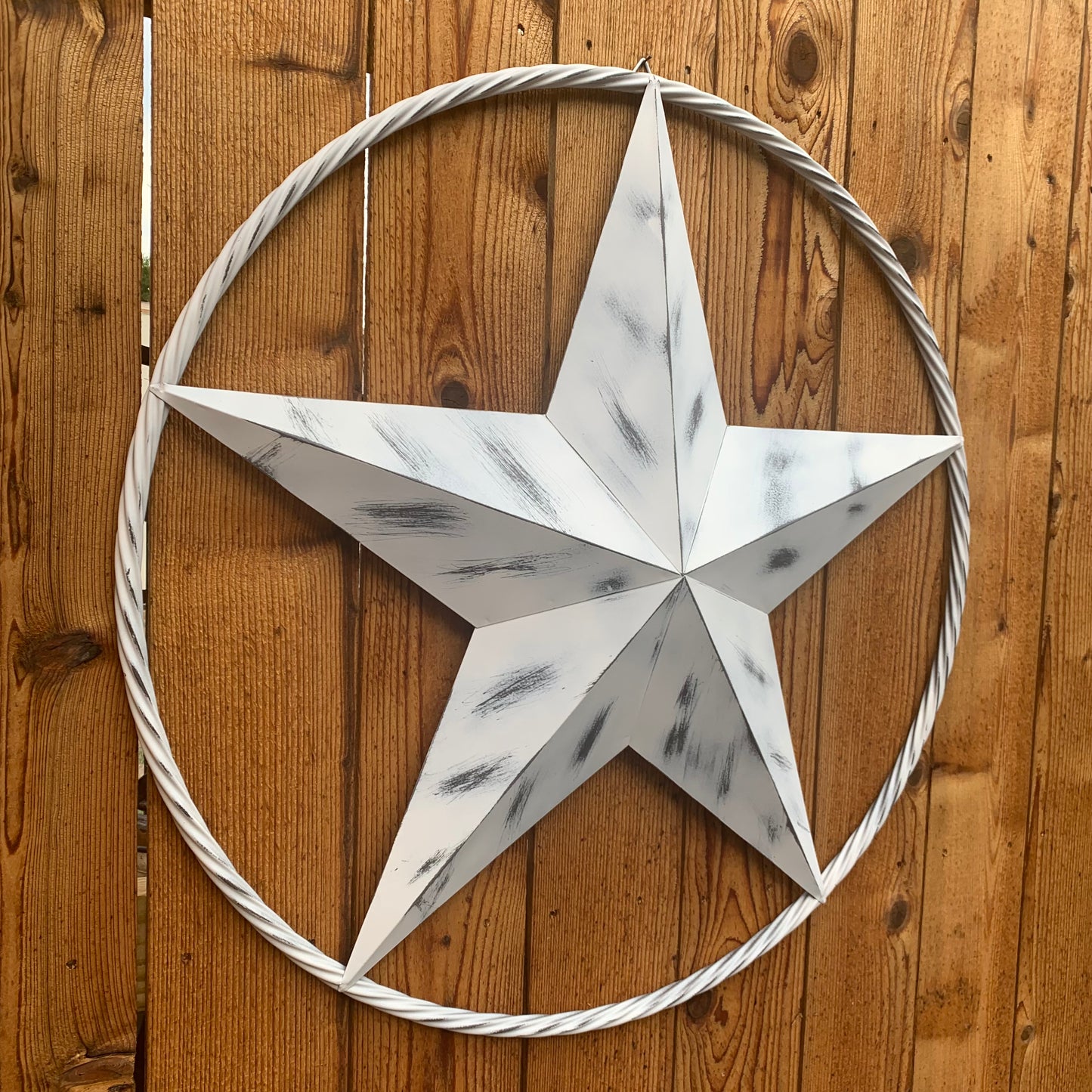 WHITE DISTRESSED STAR STYLE# 1 RUSTIC BARN LONE STAR ROPE RING METAL WALL ART