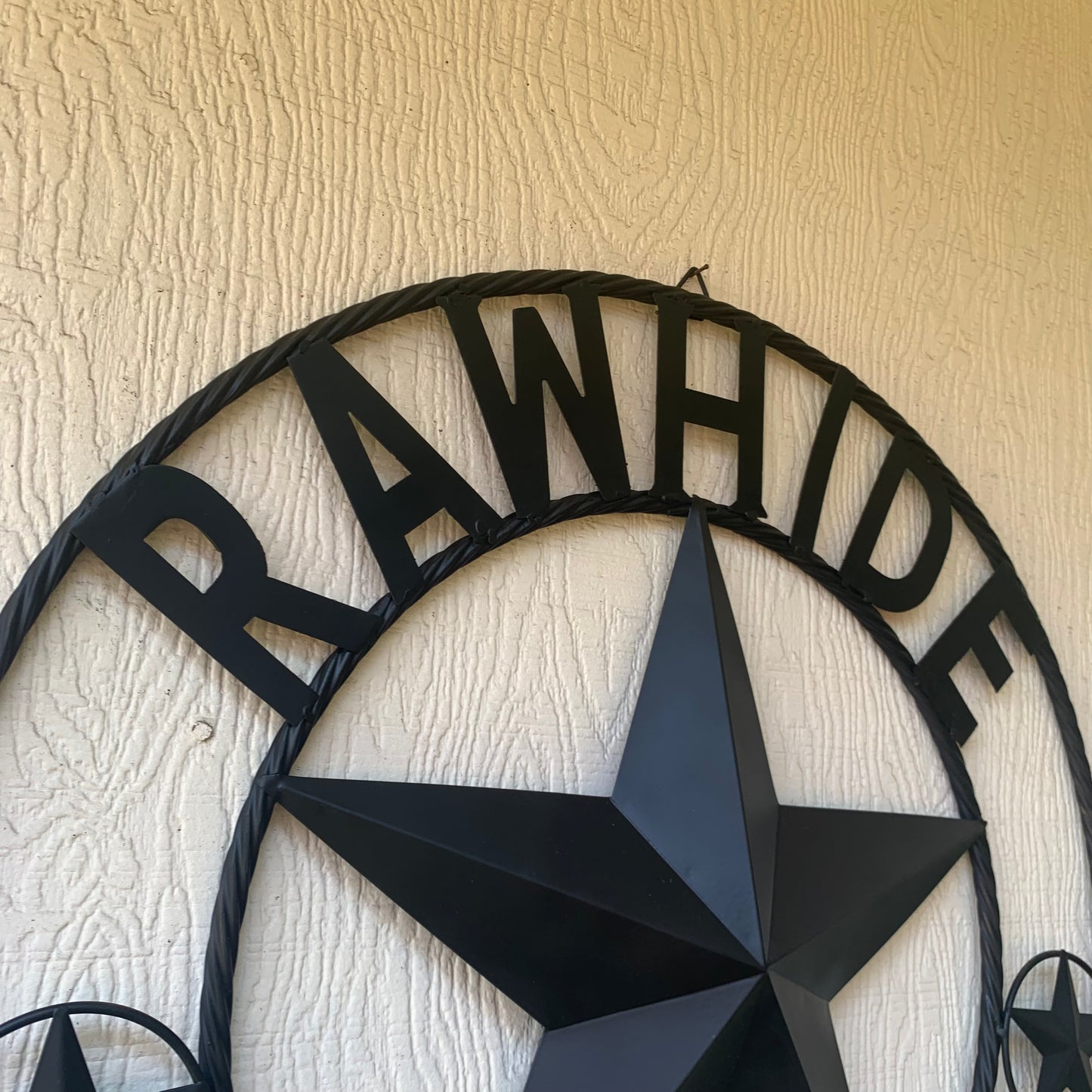 RAWHIDE STYLE CUSTOM STAR RUSTIC BLACK NAME BARN METAL STAR 3d TWISTED ROPE RING WESTERN HOME DECOR HANDMADE