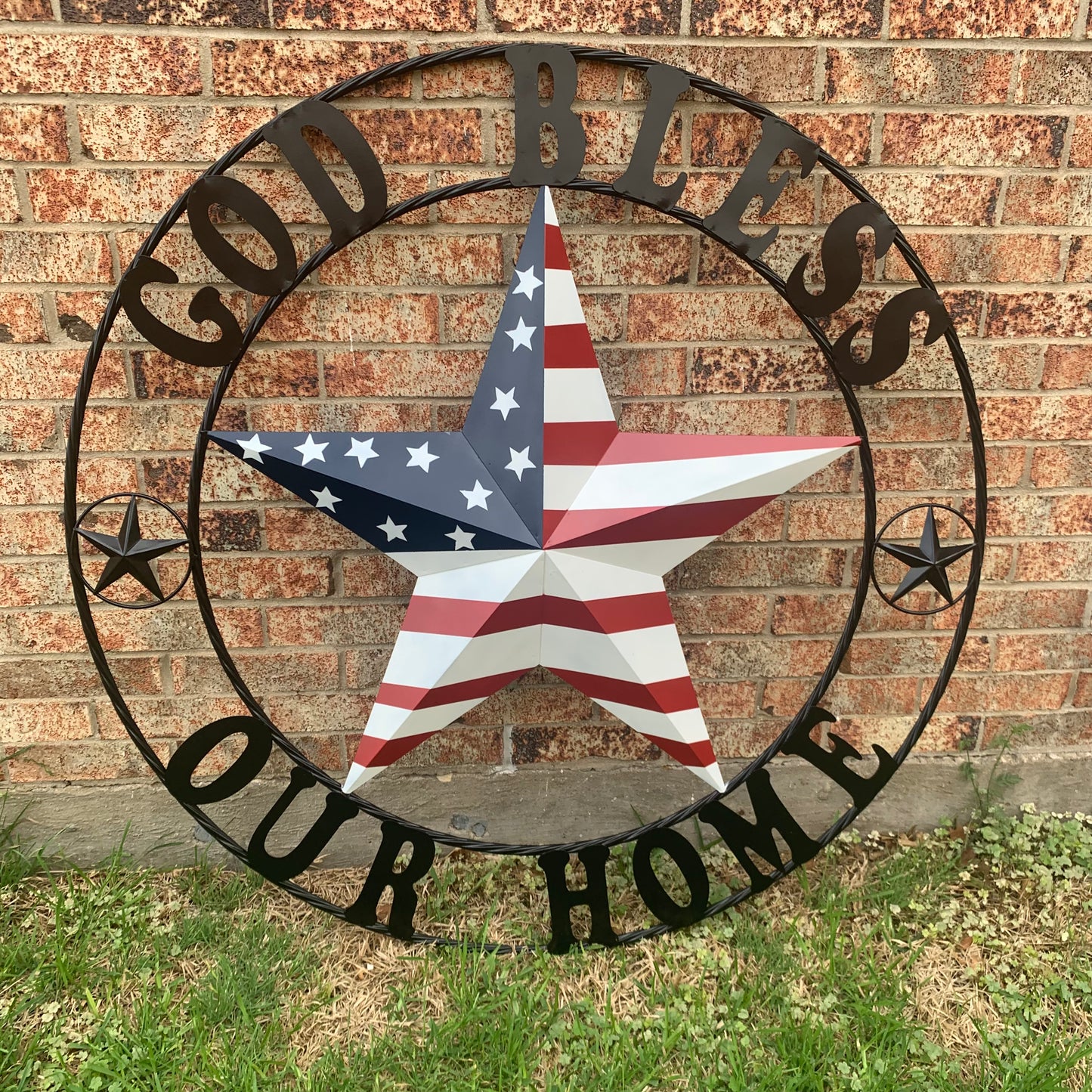 GOD BLESS OUR HOME USA FLAG STAR METAL BARN STAR TWISTED ROPE RING WALL ART WESTERN HOME DECOR RUSTIC RED WHITE & BLUE WITH BLACK RING HANDMADE NEW