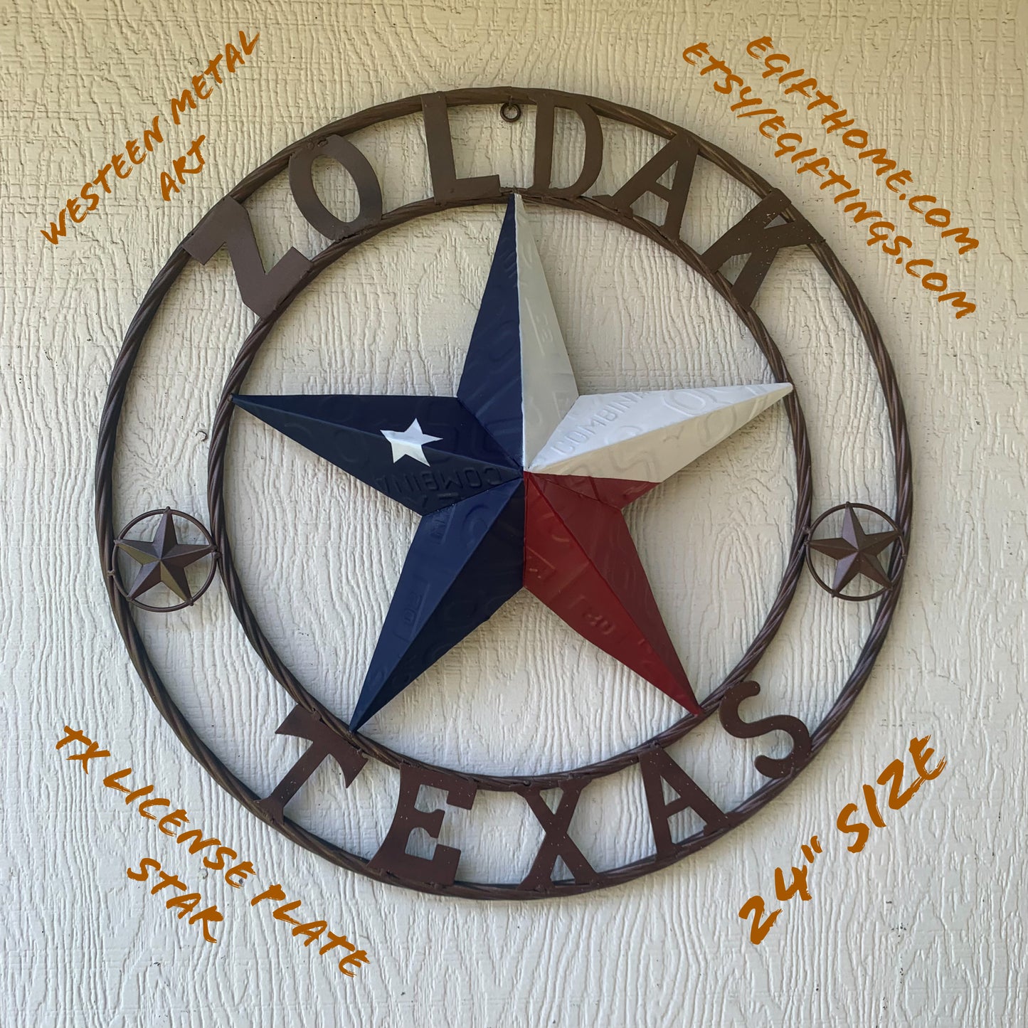 ZOLDAK TEXAS TX LICENSE PLATE STAR STYLE CUSTOM NAME STAR WITH TWISTED ROPE RING METAL WALL ART WESTERN HOME DECOR HANDMADE
