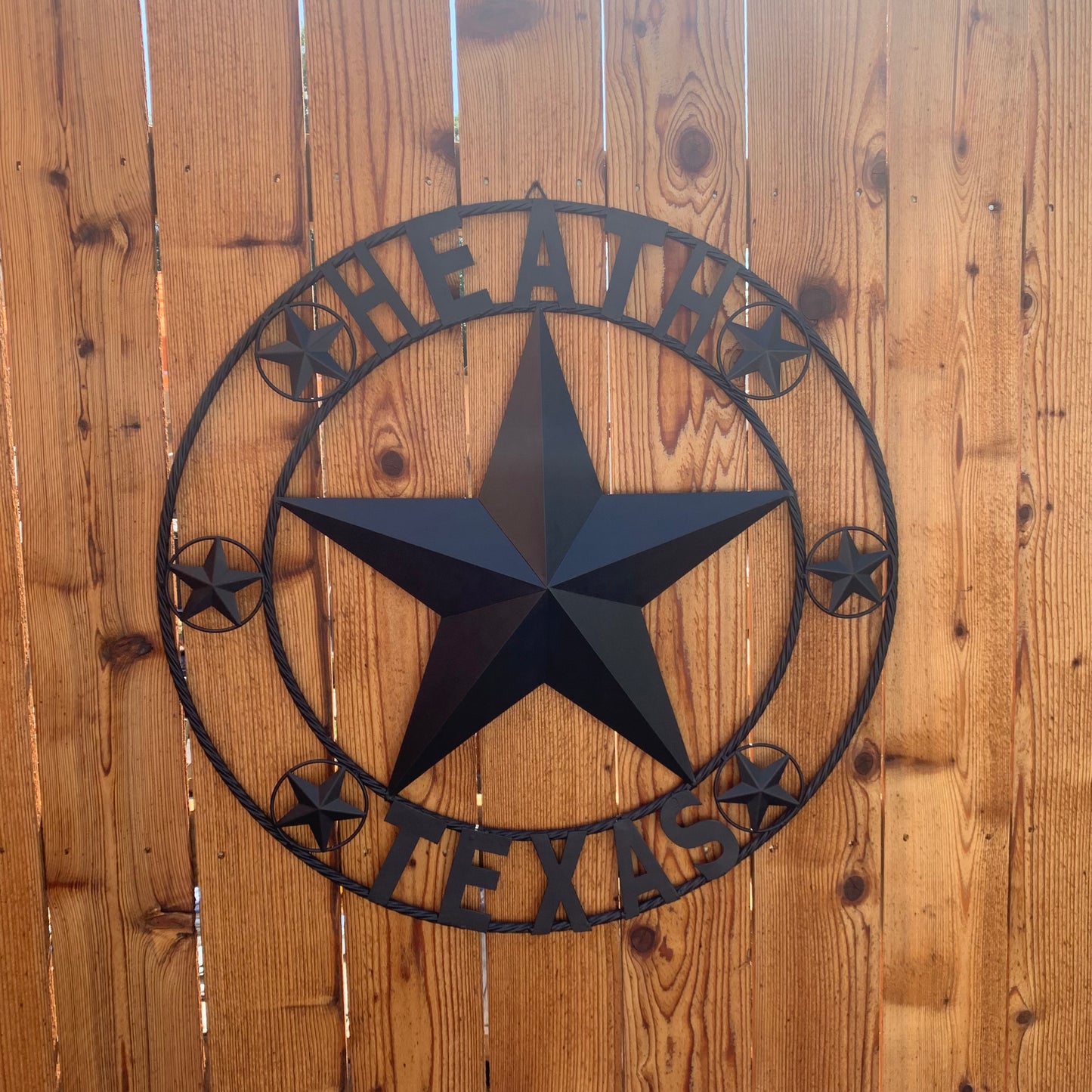HEATH TEXAS STYLE CUSTOM STAR NAME BARN METAL STAR 3d TWISTED ROPE RING WESTERN HOME DECOR HANDMADE RUSTIC BLACK 24",32",34",36",40",42",44",46",50"