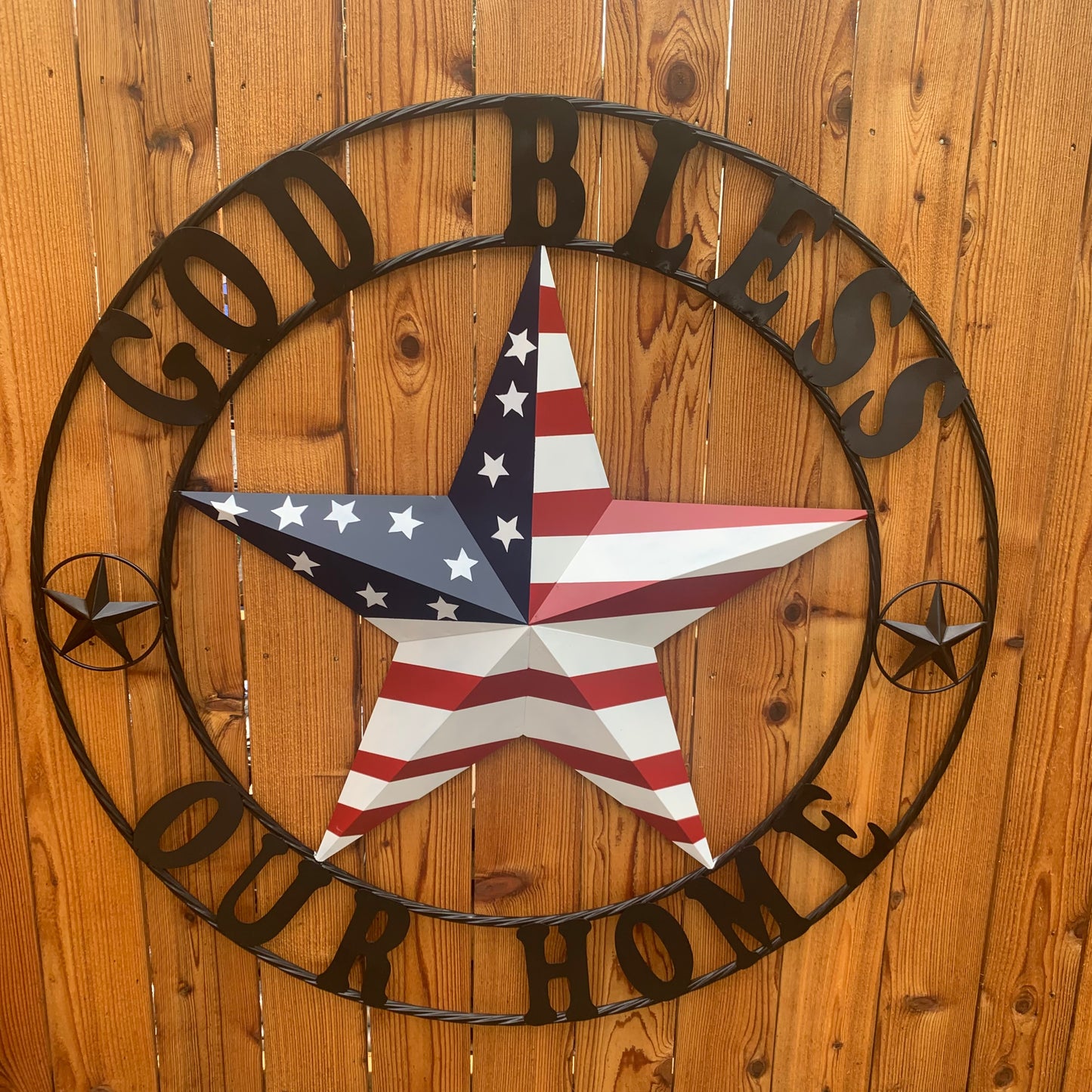 GOD BLESS OUR HOME USA FLAG STAR METAL BARN STAR TWISTED ROPE RING WALL ART WESTERN HOME DECOR RUSTIC RED WHITE & BLUE WITH BLACK RING HANDMADE NEW