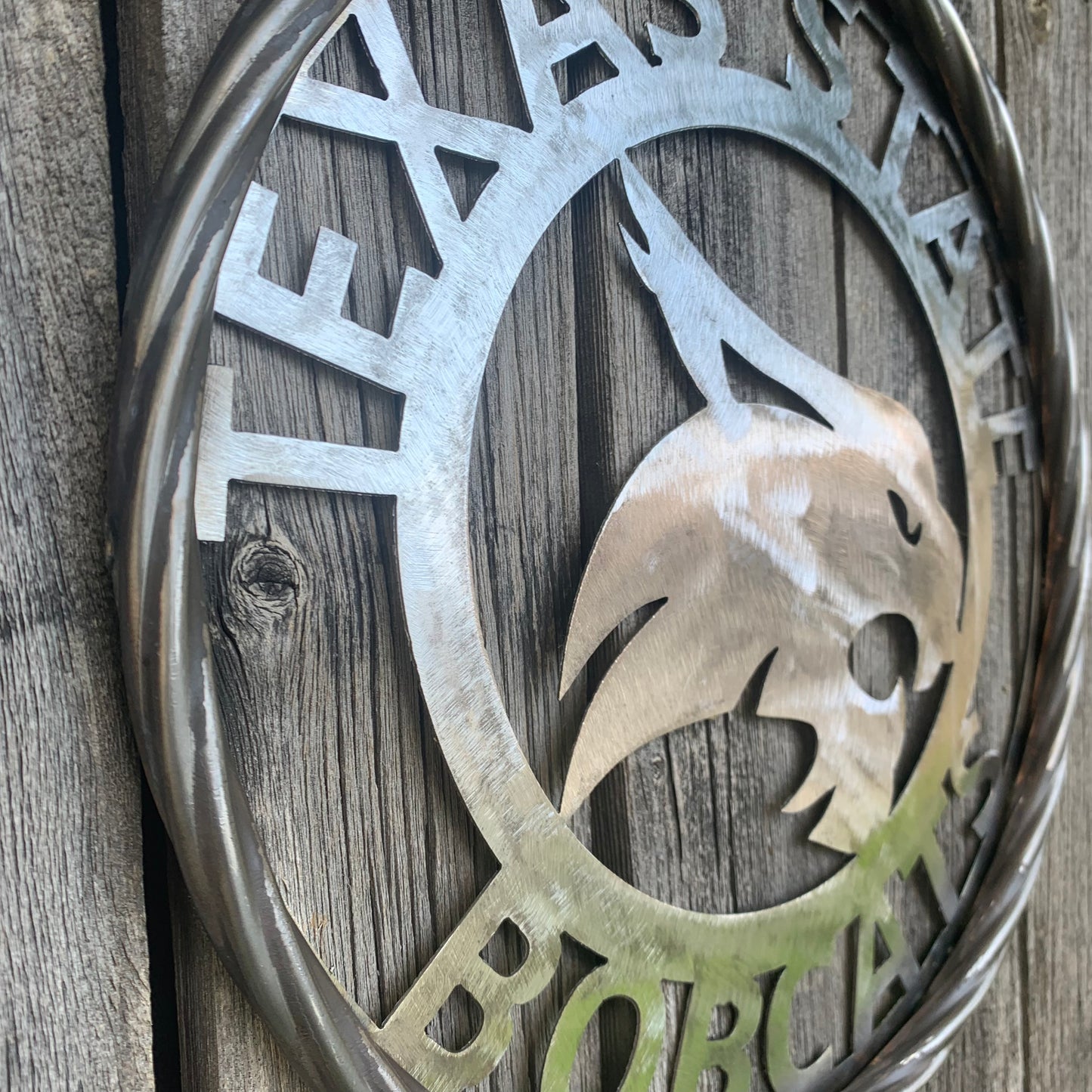 12" TEXAS STATE BOBCATS CUSTOM RAW METAL VINTAGE CRAFT SIGN TEAM ART HANDMADE IN TEXAS