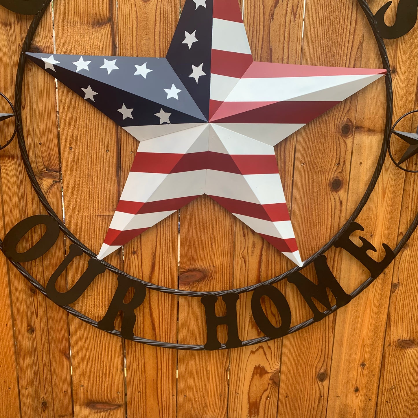 GOD BLESS OUR HOME USA FLAG STAR METAL BARN STAR TWISTED ROPE RING WALL ART WESTERN HOME DECOR RUSTIC RED WHITE & BLUE WITH BLACK RING HANDMADE NEW