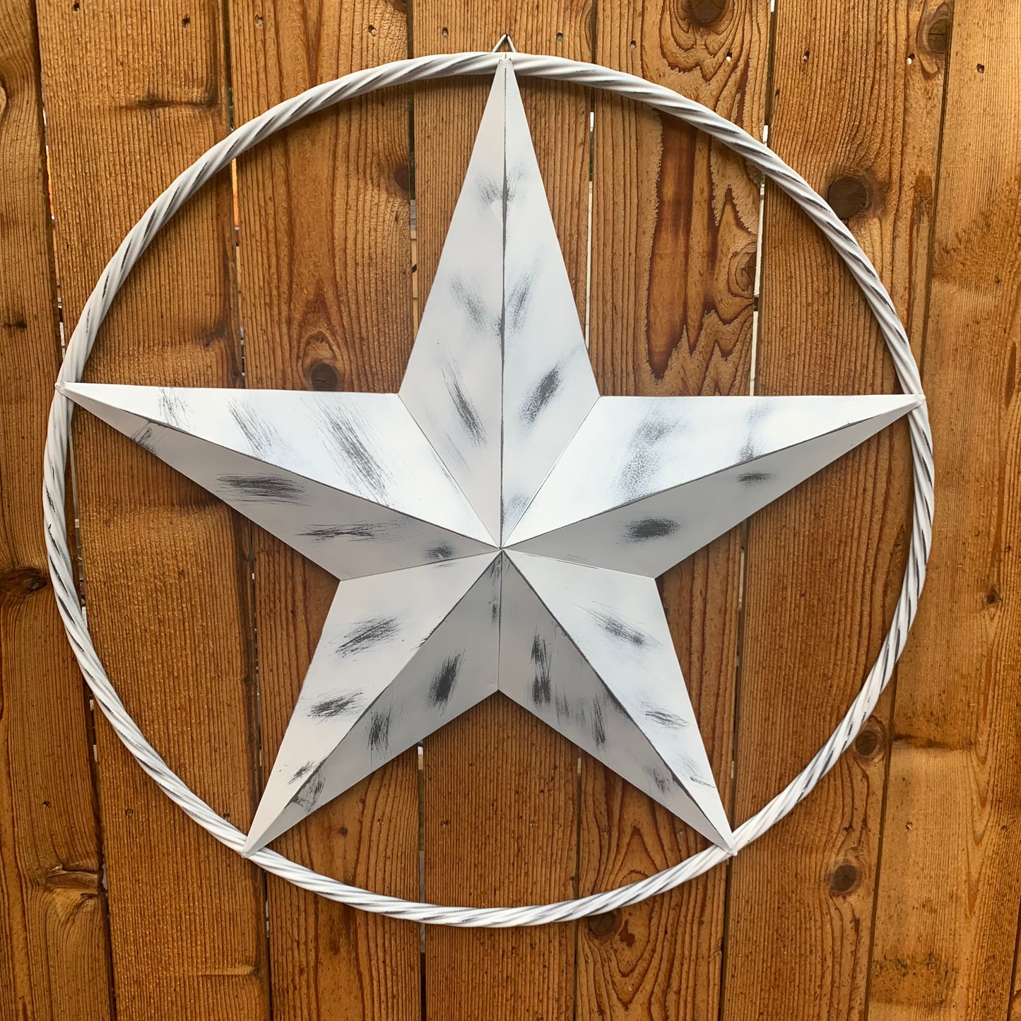 WHITE DISTRESSED STAR STYLE# 1 RUSTIC BARN LONE STAR ROPE RING METAL WALL ART