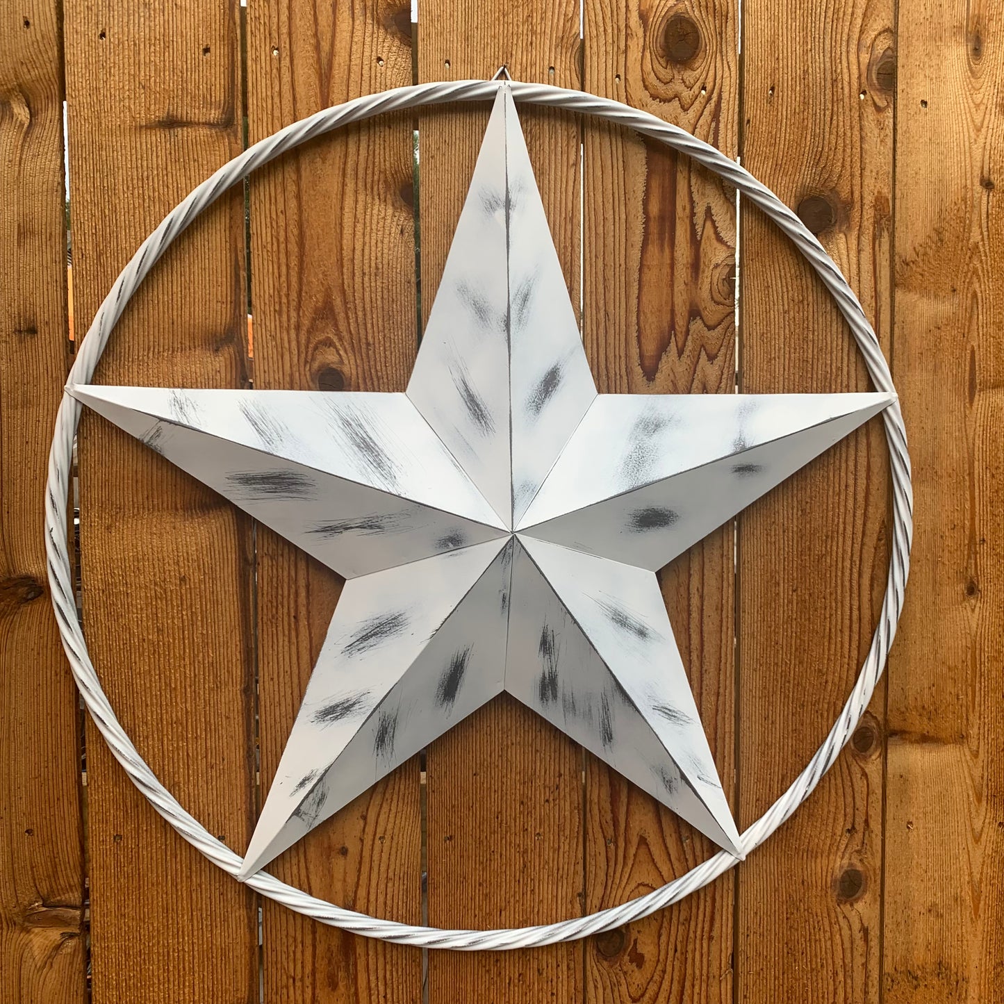 WHITE DISTRESSED STAR STYLE# 1 RUSTIC BARN LONE STAR ROPE RING METAL WALL ART