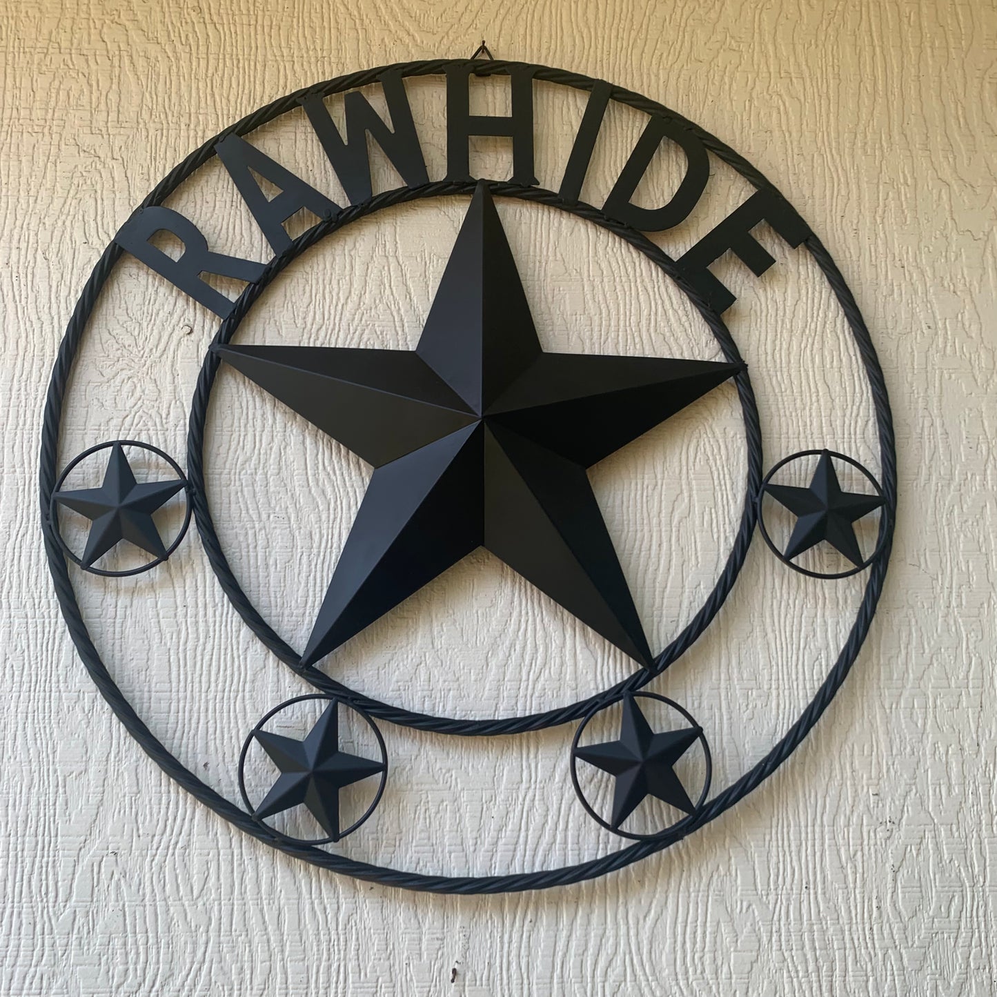 RAWHIDE STYLE CUSTOM STAR RUSTIC BLACK NAME BARN METAL STAR 3d TWISTED ROPE RING WESTERN HOME DECOR HANDMADE