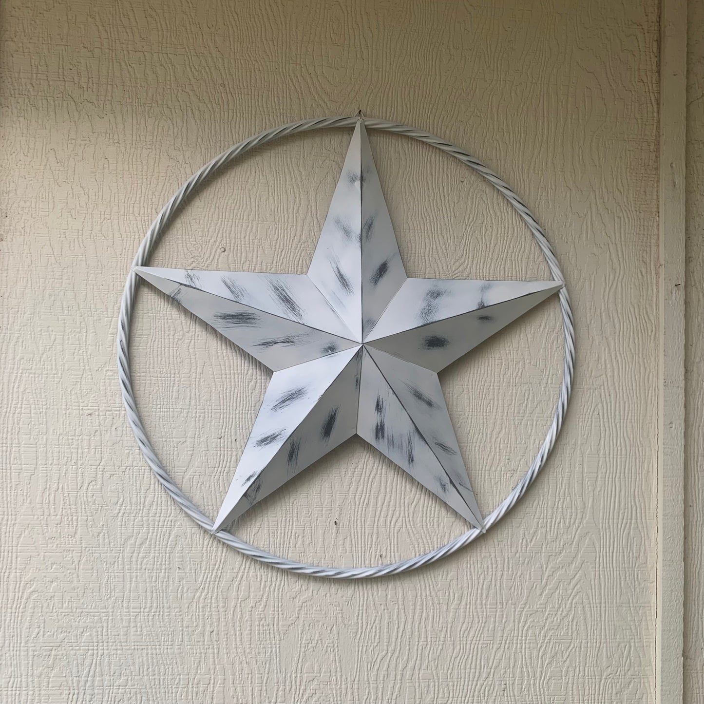 WHITE DISTRESSED STAR STYLE# 1 RUSTIC BARN LONE STAR ROPE RING METAL WALL ART