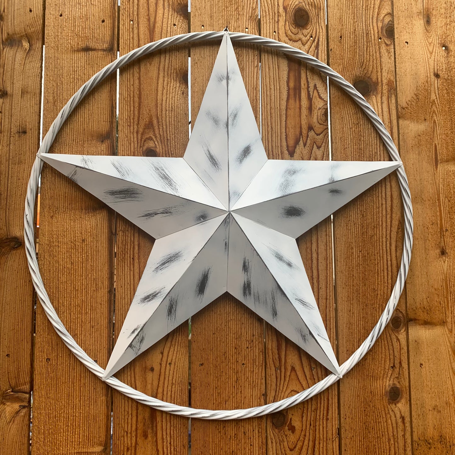 WHITE DISTRESSED STAR STYLE# 1 RUSTIC BARN LONE STAR ROPE RING METAL WALL ART