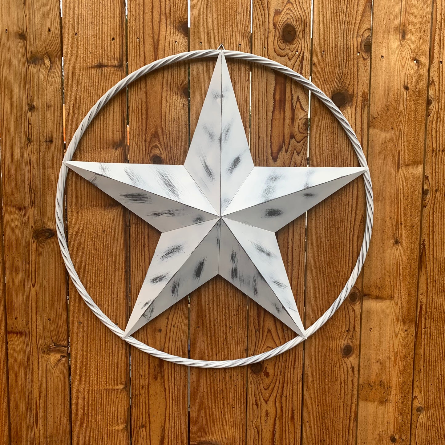 WHITE DISTRESSED STAR STYLE# 1 RUSTIC BARN LONE STAR ROPE RING METAL WALL ART