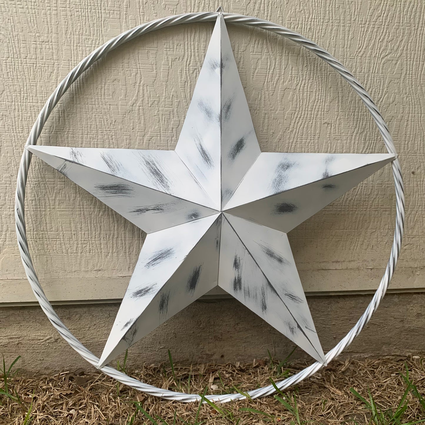WHITE DISTRESSED STAR STYLE# 1 RUSTIC BARN LONE STAR ROPE RING METAL WALL ART