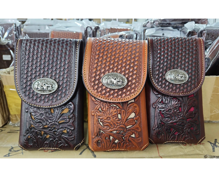 7" COWBOY PRAYING CHURCH BROWN LEATHER POUCH EXTRA LARGE  BELT LOOP HOLSTER CELL PHONE CASE UNIVERSAL OVERSIZE #EH12217
