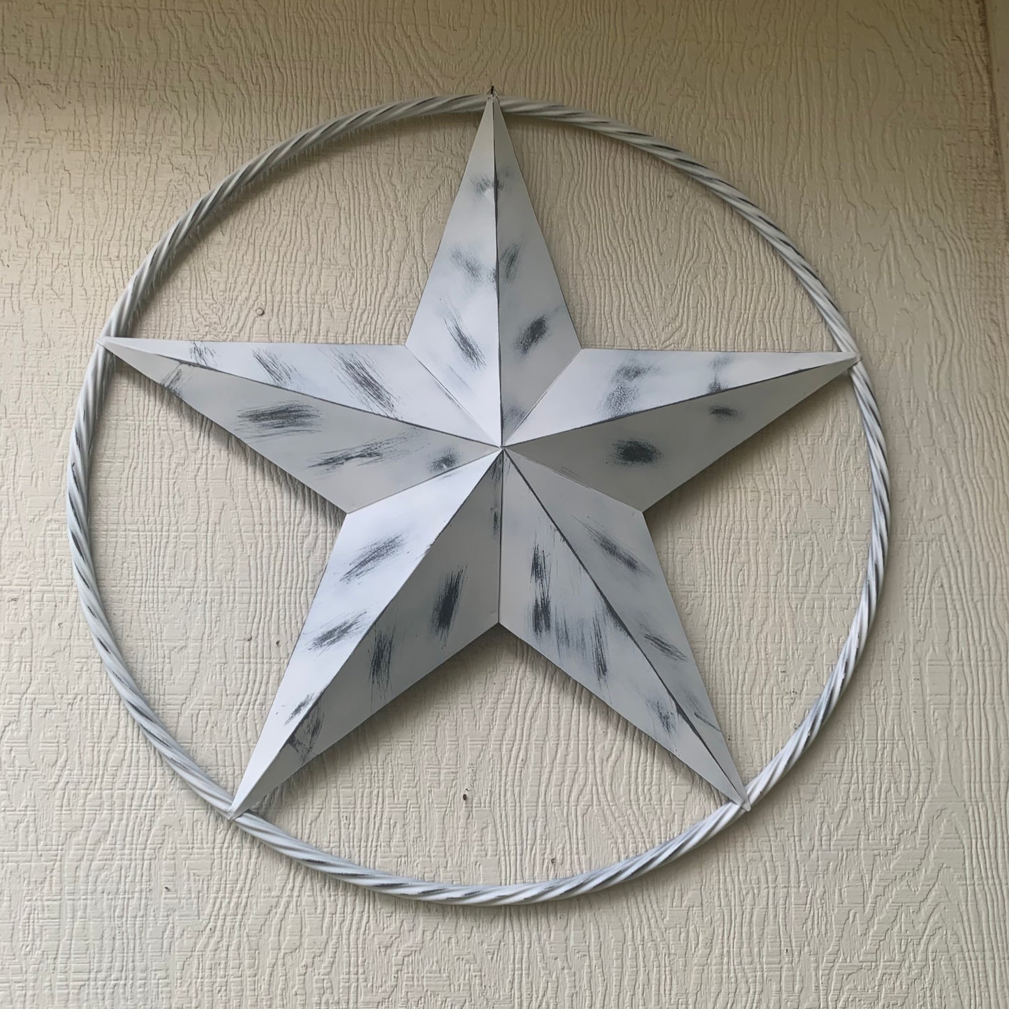 WHITE DISTRESSED STAR STYLE# 1 RUSTIC BARN LONE STAR ROPE RING METAL WALL ART