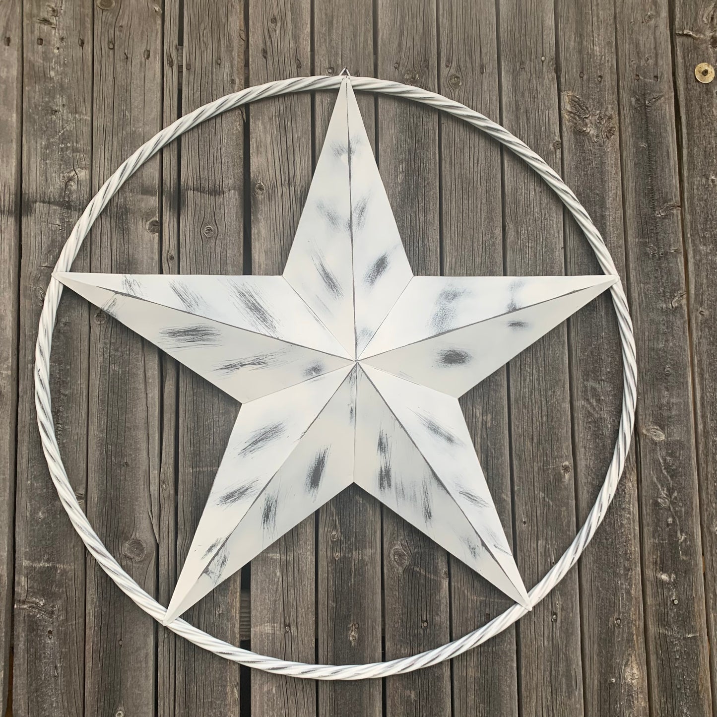 WHITE DISTRESSED STAR STYLE# 1 RUSTIC BARN LONE STAR ROPE RING METAL WALL ART