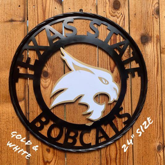 12",18",24",32",36" TEXAS STATE BOBCATS GOLD & WHITE CUSTOM METAL VINTAGE CRAFT TEAM SIGN WESTERN HOME DECOR HANDMADE