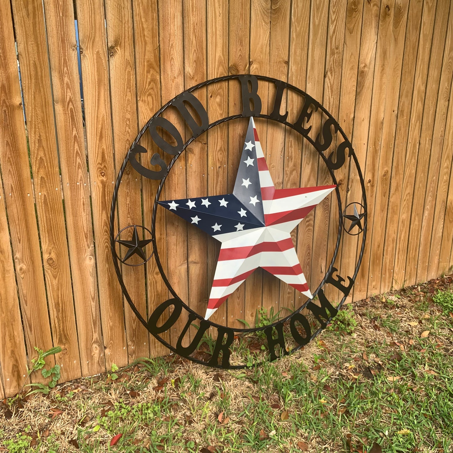 GOD BLESS OUR HOME USA FLAG STAR METAL BARN STAR TWISTED ROPE RING WALL ART WESTERN HOME DECOR RUSTIC RED WHITE & BLUE WITH BLACK RING HANDMADE NEW