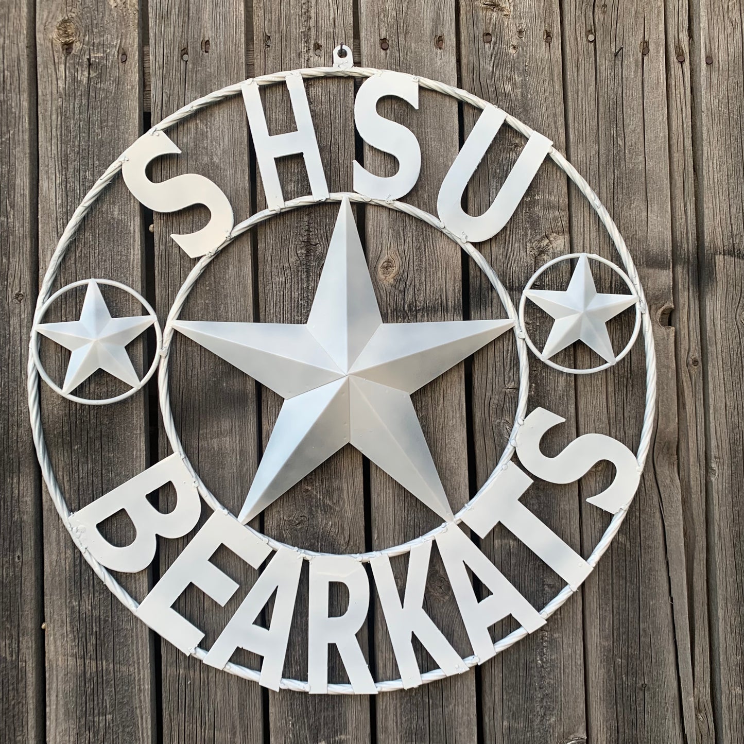 24",32" SHSU SAM HOUSTON BEARKATS RUSTIC WHITE METAL CUSTOM VINTAGE CRAFT RUSTIC BLACK TEAM STAR HANDMADE