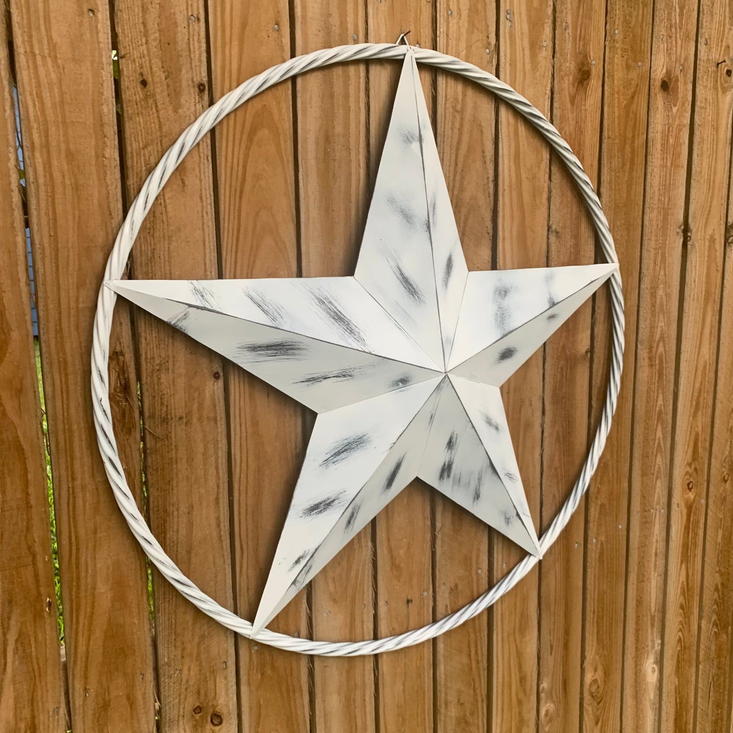 WHITE DISTRESSED STAR STYLE# 1 RUSTIC BARN LONE STAR ROPE RING METAL WALL ART