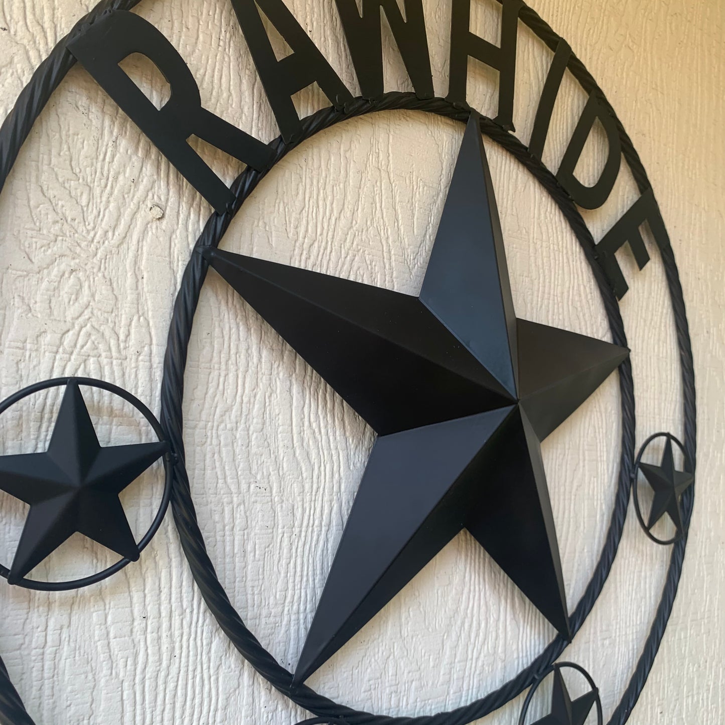 RAWHIDE STYLE CUSTOM STAR RUSTIC BLACK NAME BARN METAL STAR 3d TWISTED ROPE RING WESTERN HOME DECOR HANDMADE