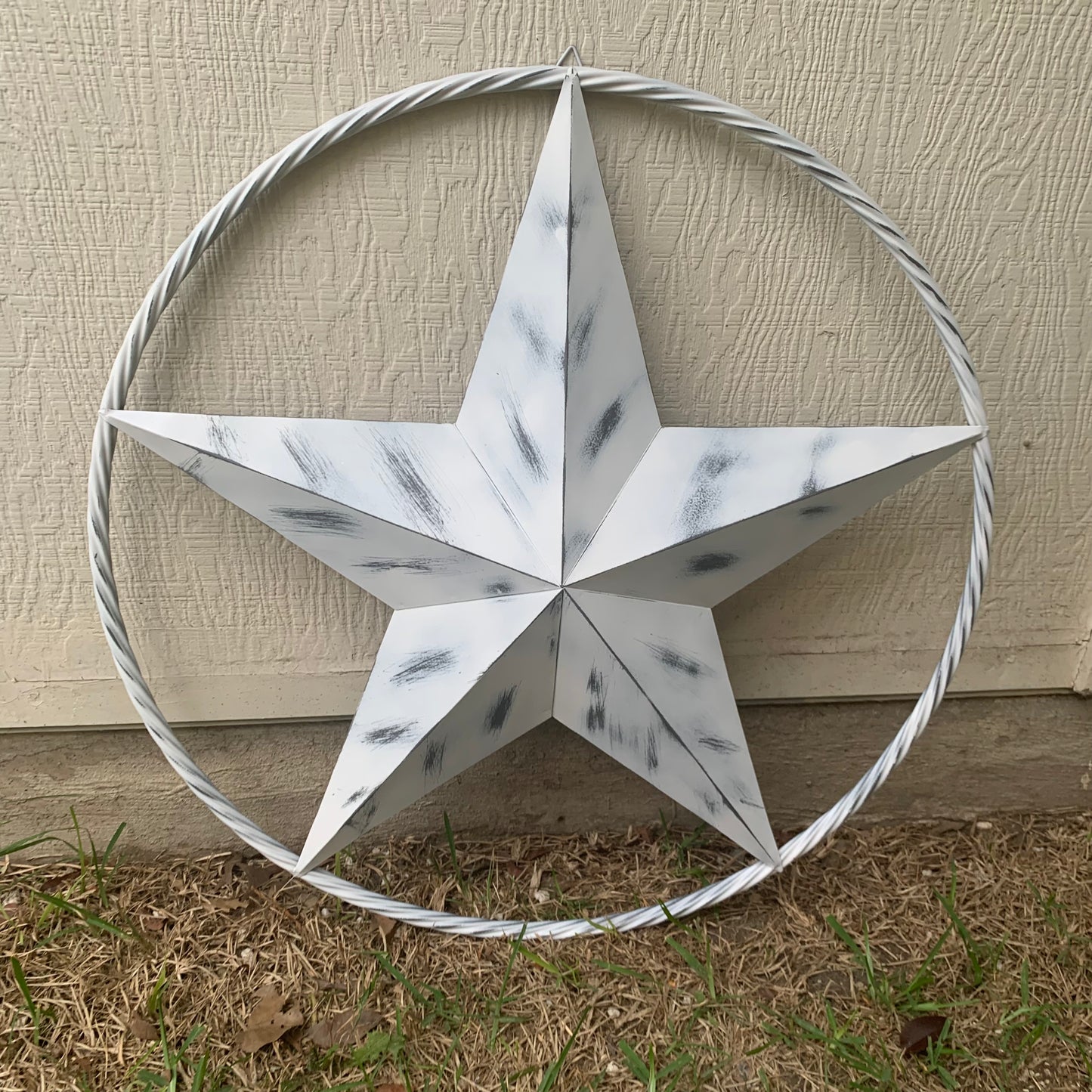 WHITE DISTRESSED STAR STYLE# 1 RUSTIC BARN LONE STAR ROPE RING METAL WALL ART