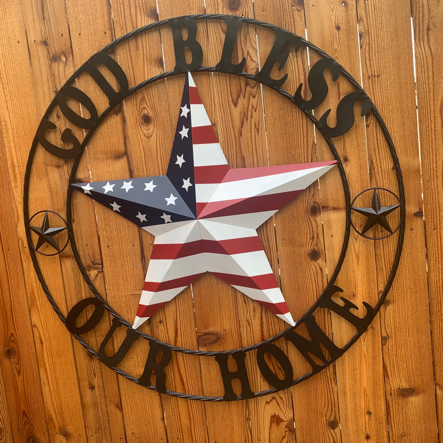 GOD BLESS OUR HOME USA FLAG STAR METAL BARN STAR TWISTED ROPE RING WALL ART WESTERN HOME DECOR RUSTIC RED WHITE & BLUE WITH BLACK RING HANDMADE NEW