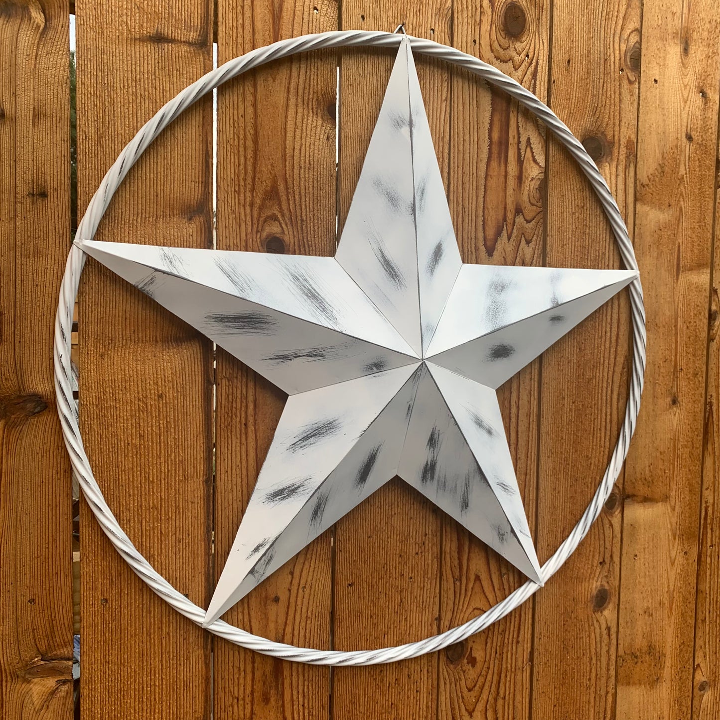 WHITE DISTRESSED STAR STYLE# 1 RUSTIC BARN LONE STAR ROPE RING METAL WALL ART