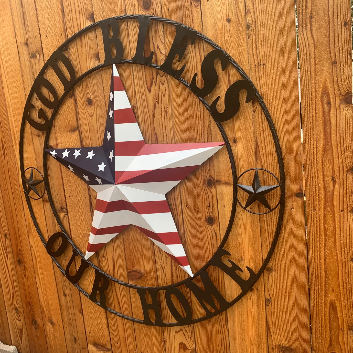 GOD BLESS OUR HOME USA FLAG STAR METAL BARN STAR TWISTED ROPE RING WALL ART WESTERN HOME DECOR RUSTIC RED WHITE & BLUE WITH BLACK RING HANDMADE NEW