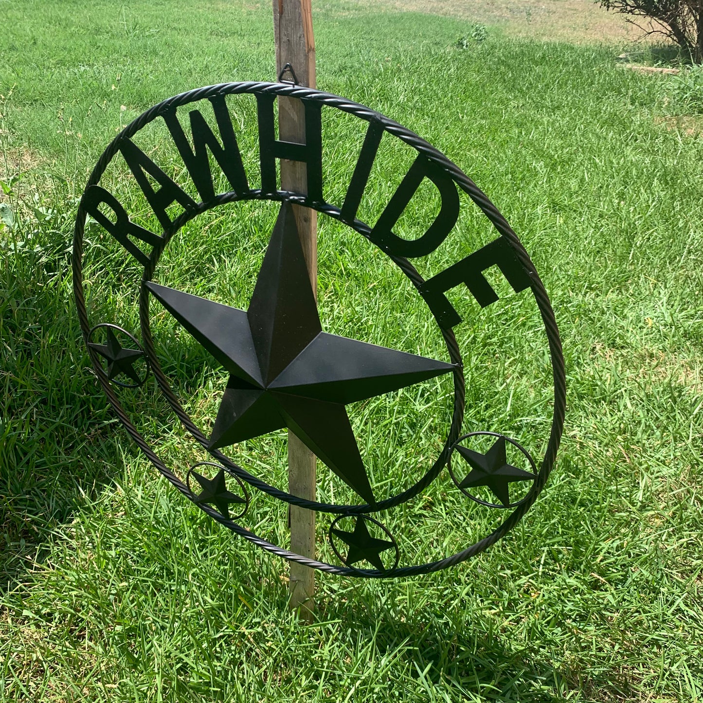 RAWHIDE STYLE CUSTOM STAR RUSTIC BLACK NAME BARN METAL STAR 3d TWISTED ROPE RING WESTERN HOME DECOR HANDMADE
