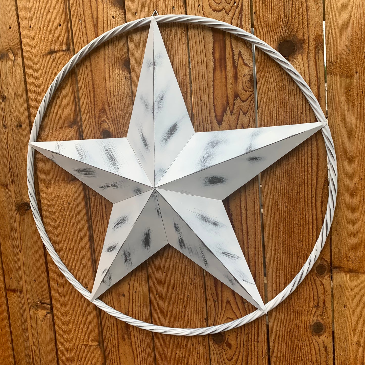 WHITE DISTRESSED STAR STYLE# 1 RUSTIC BARN LONE STAR ROPE RING METAL WALL ART