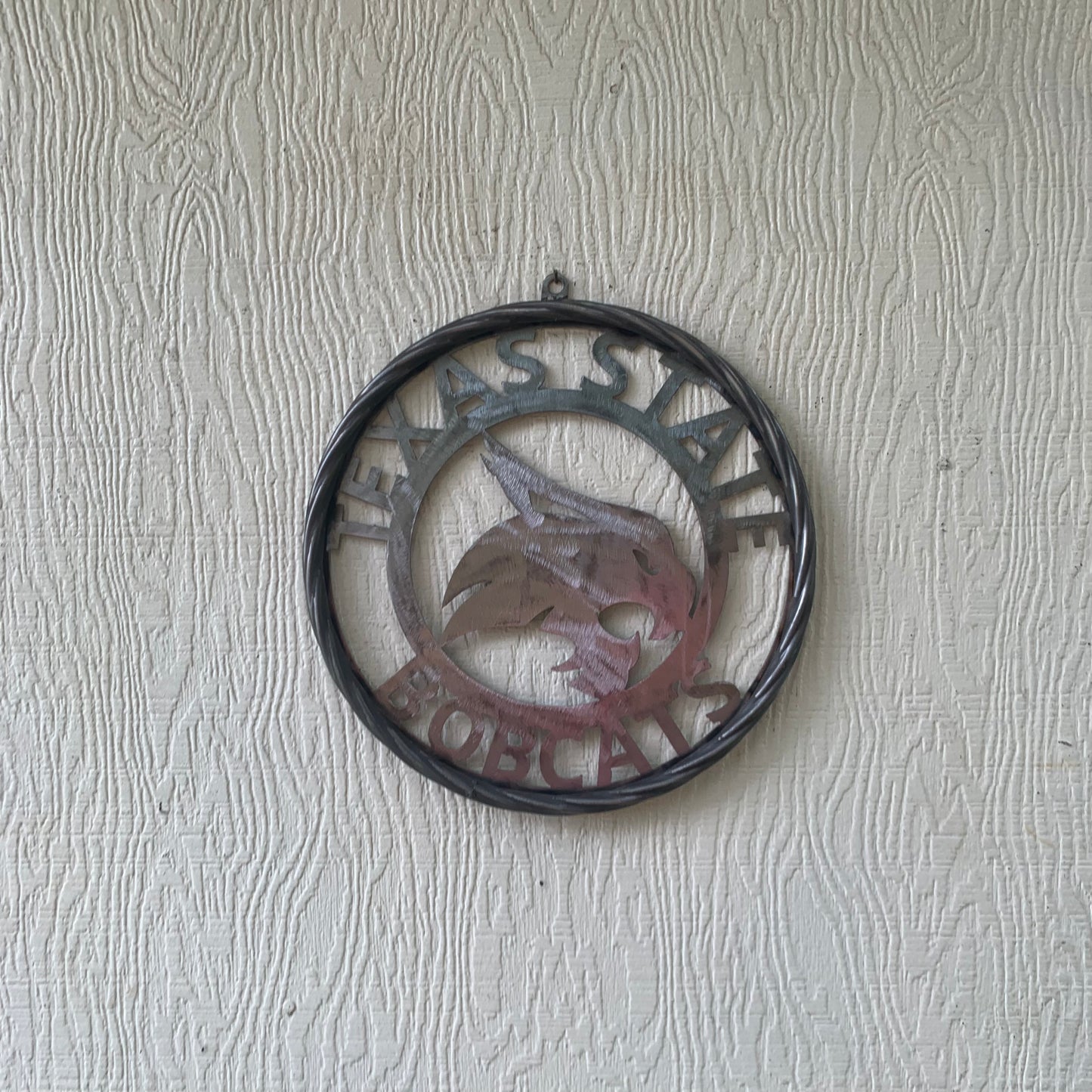 12" TEXAS STATE BOBCATS CUSTOM RAW METAL VINTAGE CRAFT SIGN TEAM ART HANDMADE IN TEXAS