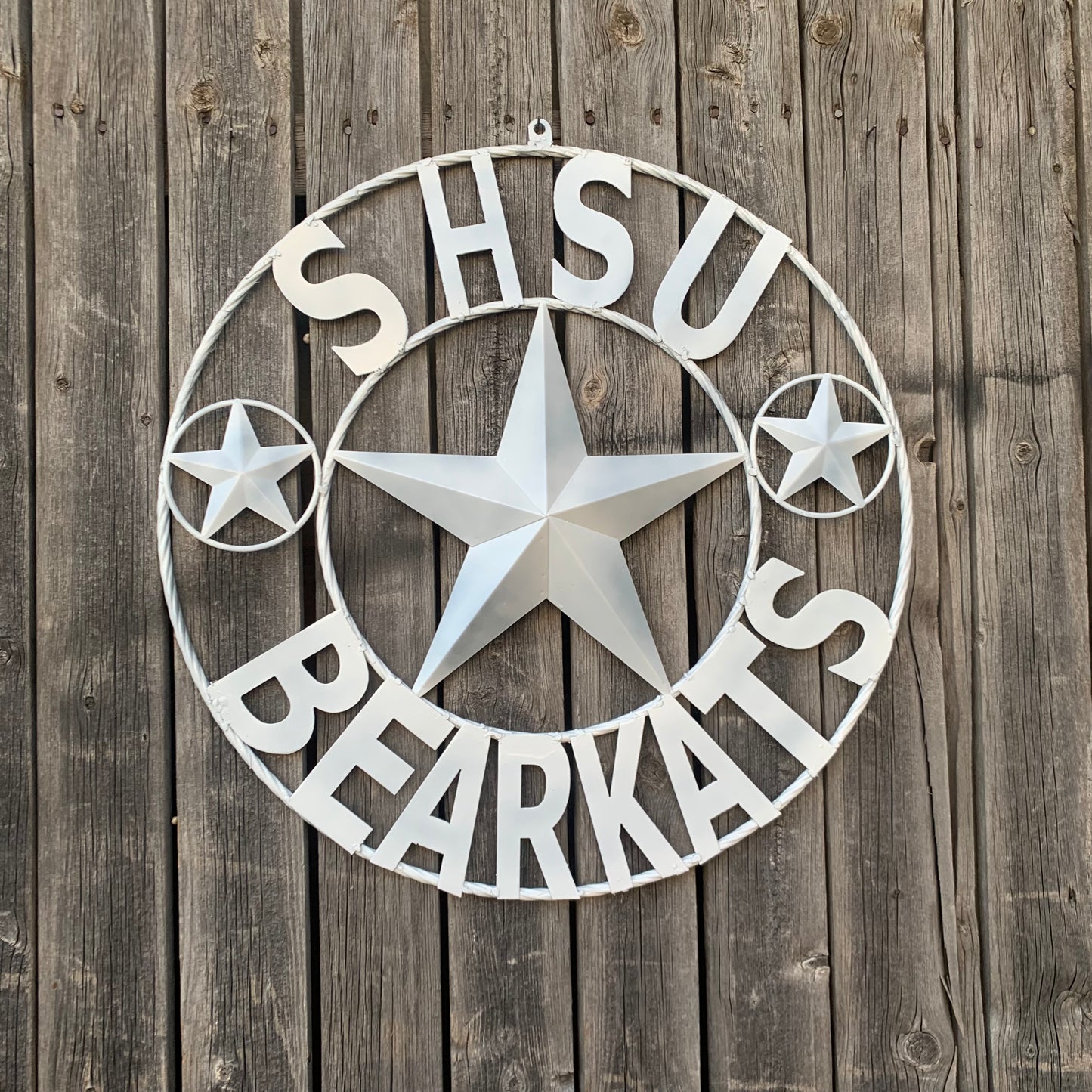 24",32" SHSU SAM HOUSTON BEARKATS RUSTIC WHITE METAL CUSTOM VINTAGE CRAFT RUSTIC BLACK TEAM STAR HANDMADE