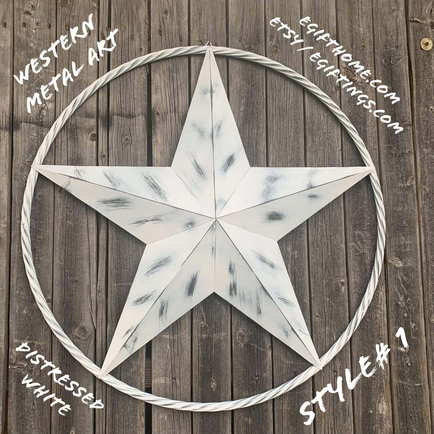 WHITE DISTRESSED STAR STYLE# 1 RUSTIC BARN LONE STAR ROPE RING METAL WALL ART