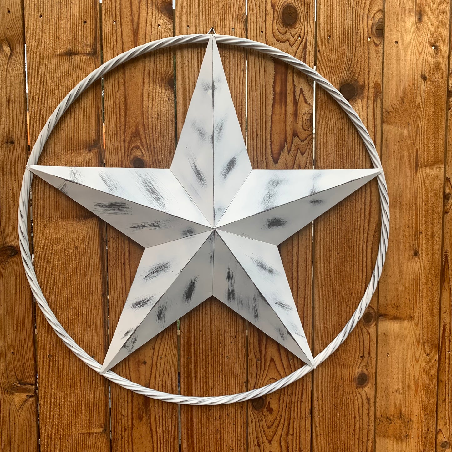WHITE DISTRESSED STAR STYLE# 1 RUSTIC BARN LONE STAR ROPE RING METAL WALL ART