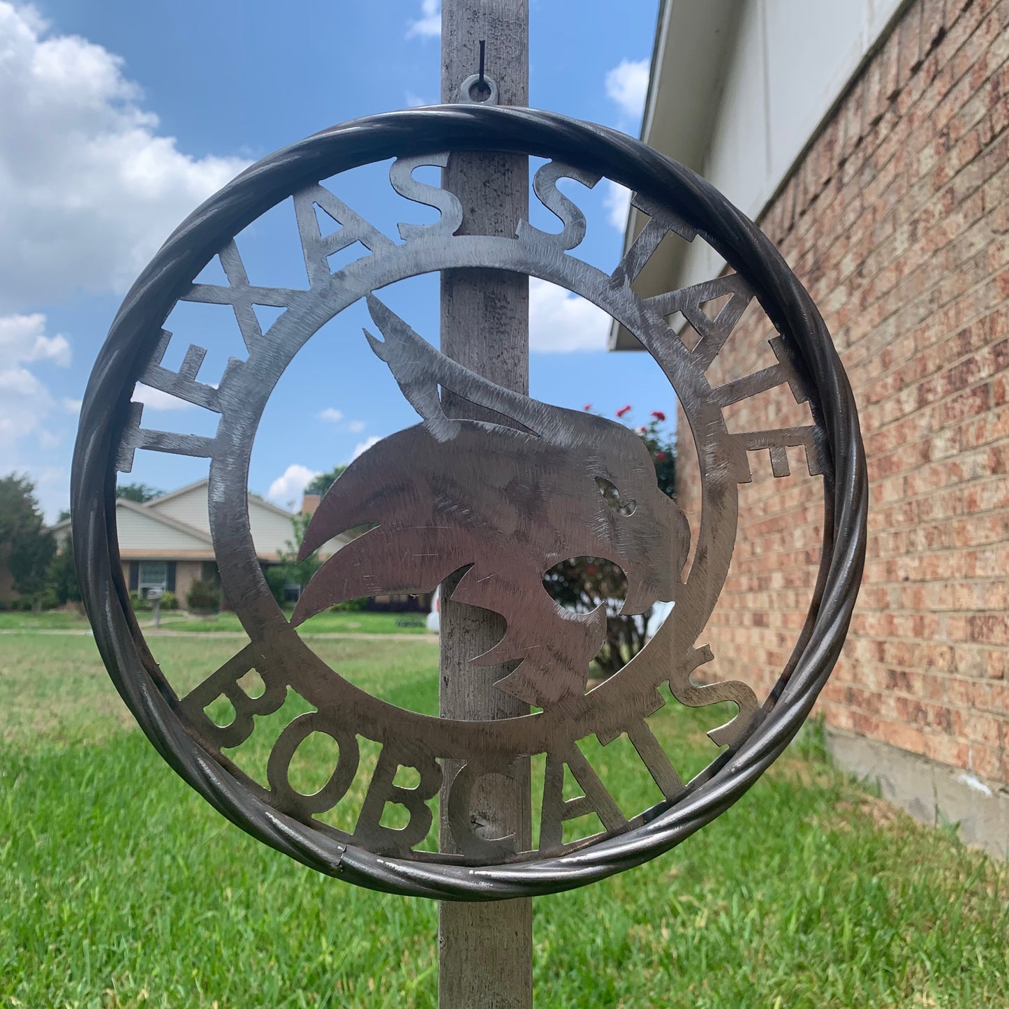 12" TEXAS STATE BOBCATS CUSTOM RAW METAL VINTAGE CRAFT SIGN TEAM ART HANDMADE IN TEXAS