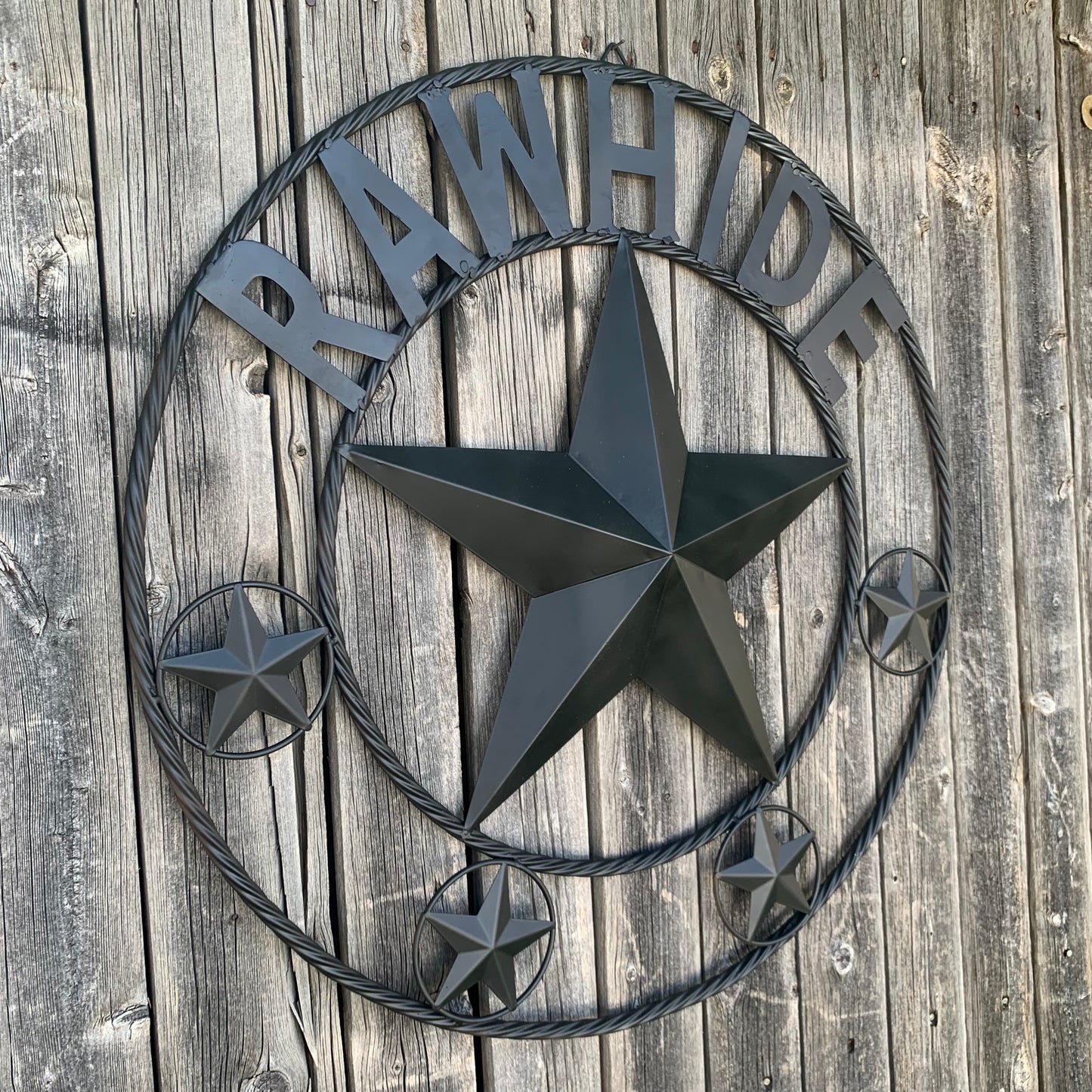 RAWHIDE STYLE CUSTOM STAR RUSTIC BLACK NAME BARN METAL STAR 3d TWISTED ROPE RING WESTERN HOME DECOR HANDMADE