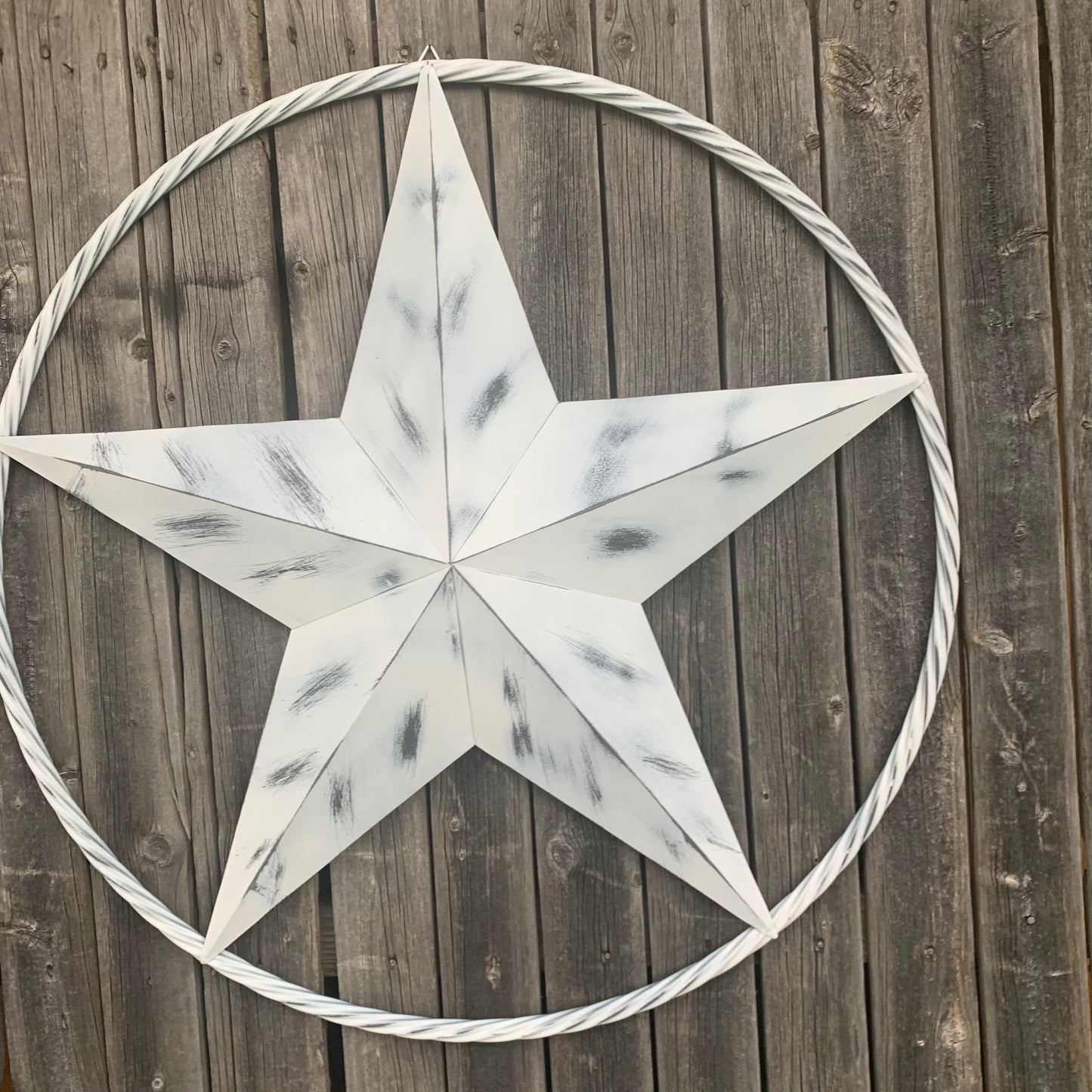 WHITE DISTRESSED STAR STYLE# 1 RUSTIC BARN LONE STAR ROPE RING METAL WALL ART