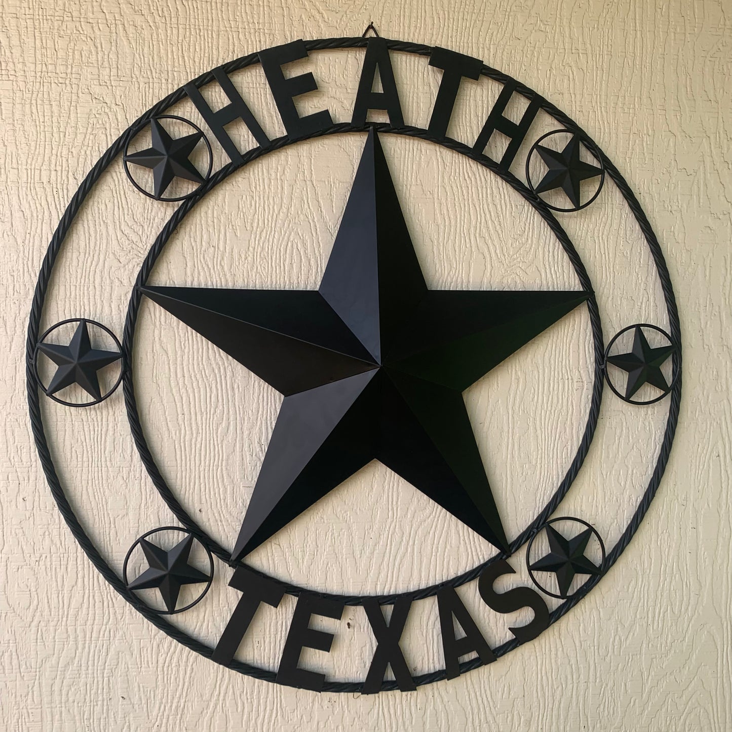 HEATH TEXAS STYLE CUSTOM STAR NAME BARN METAL STAR 3d TWISTED ROPE RING WESTERN HOME DECOR HANDMADE RUSTIC BLACK 24",32",34",36",40",42",44",46",50"