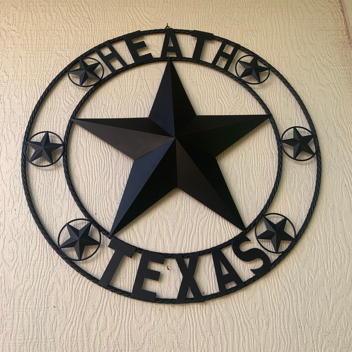HEATH TEXAS STYLE CUSTOM STAR NAME BARN METAL STAR 3d TWISTED ROPE RING WESTERN HOME DECOR HANDMADE RUSTIC BLACK 24",32",34",36",40",42",44",46",50"