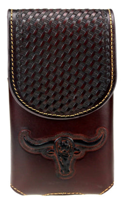 #EH11700 LONGHORNS 6.5" LEATHER POUCH BROWN EXTRA LARGE  BELT LOOP CELL PHONE CASE UNIVERSAL OVERSIZE