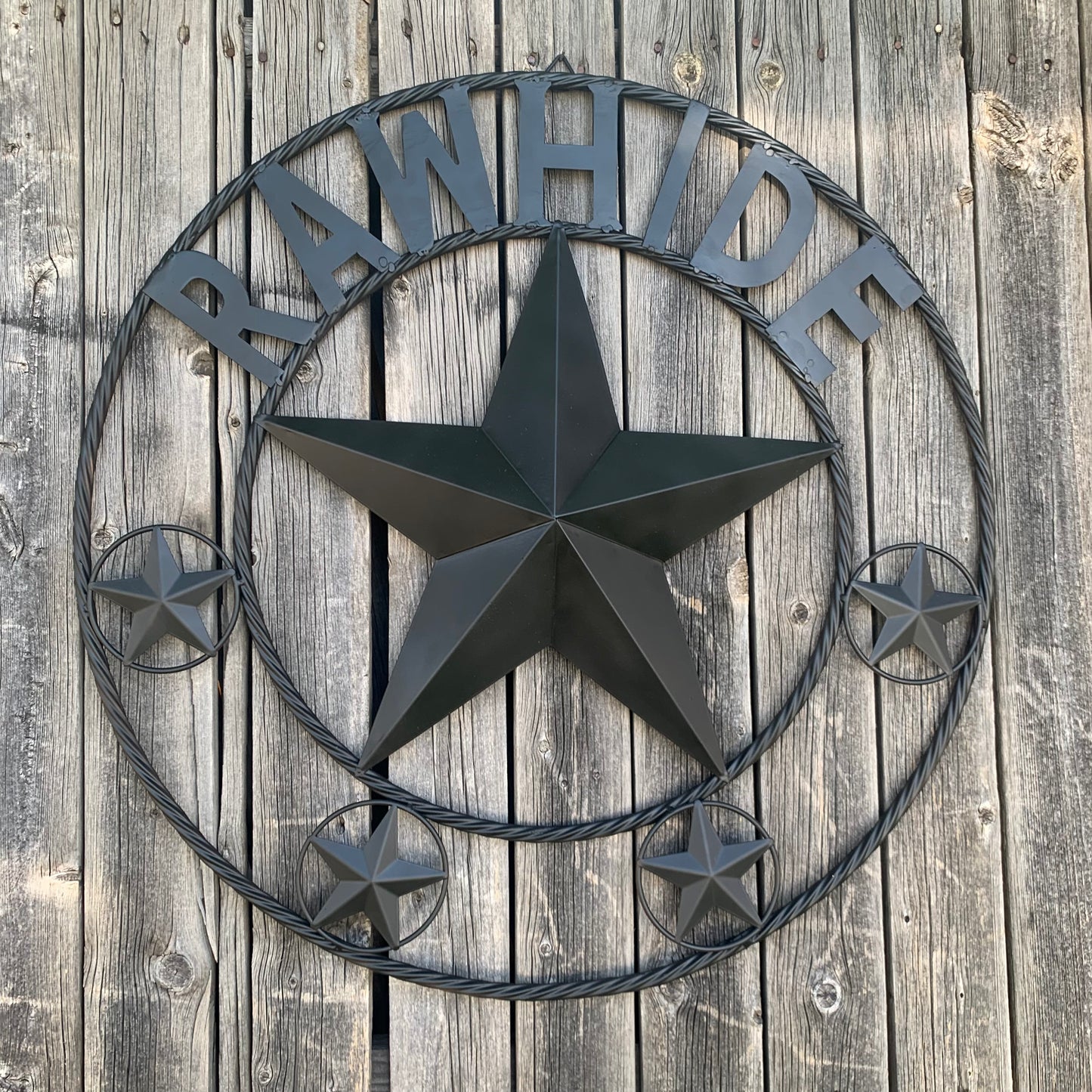 RAWHIDE STYLE CUSTOM STAR RUSTIC BLACK NAME BARN METAL STAR 3d TWISTED ROPE RING WESTERN HOME DECOR HANDMADE