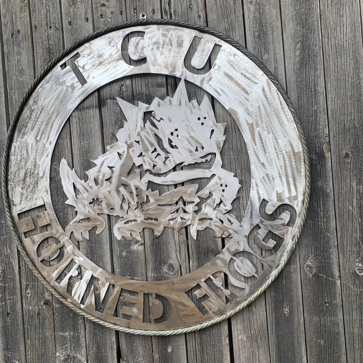 32" TCU HORNED FROGS CUSTOM RAW METAL VINTAGE CRAFT WIDE BAND RING TEAM SIGN HANDMADE