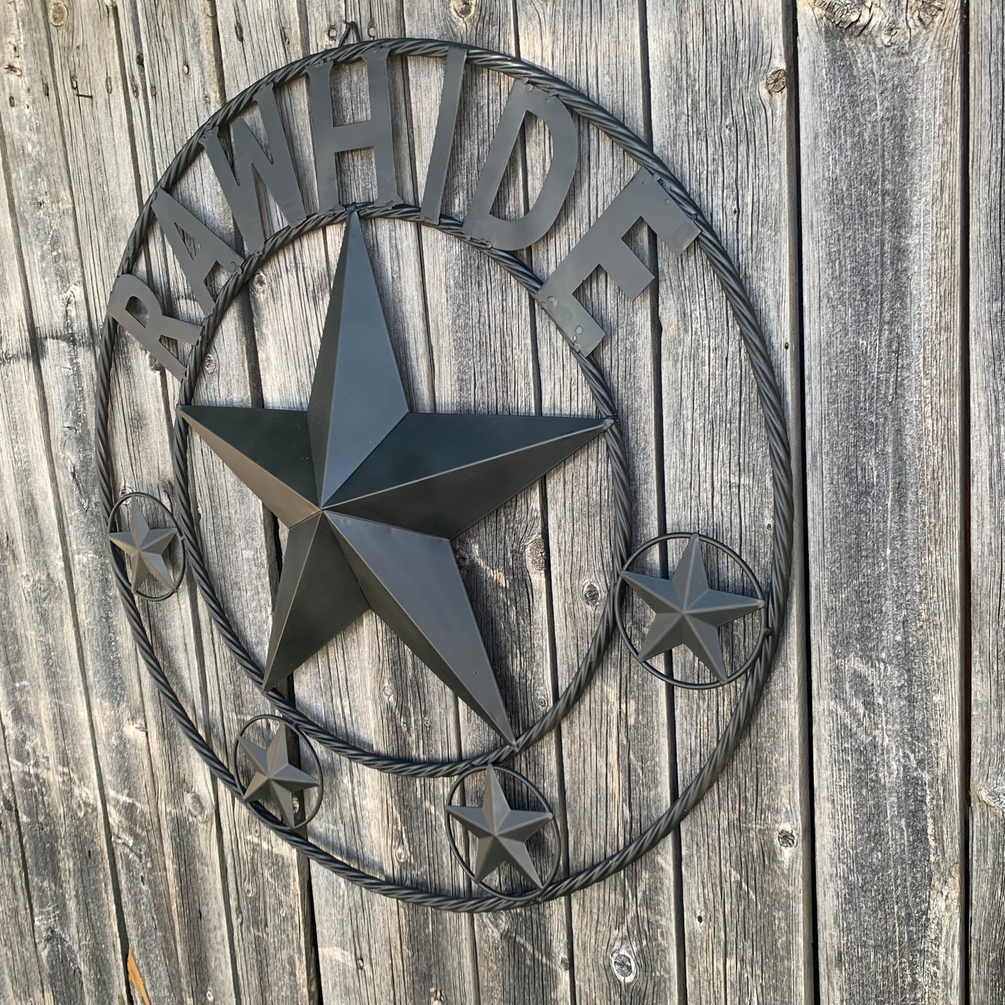 RAWHIDE STYLE CUSTOM STAR RUSTIC BLACK NAME BARN METAL STAR 3d TWISTED ROPE RING WESTERN HOME DECOR HANDMADE